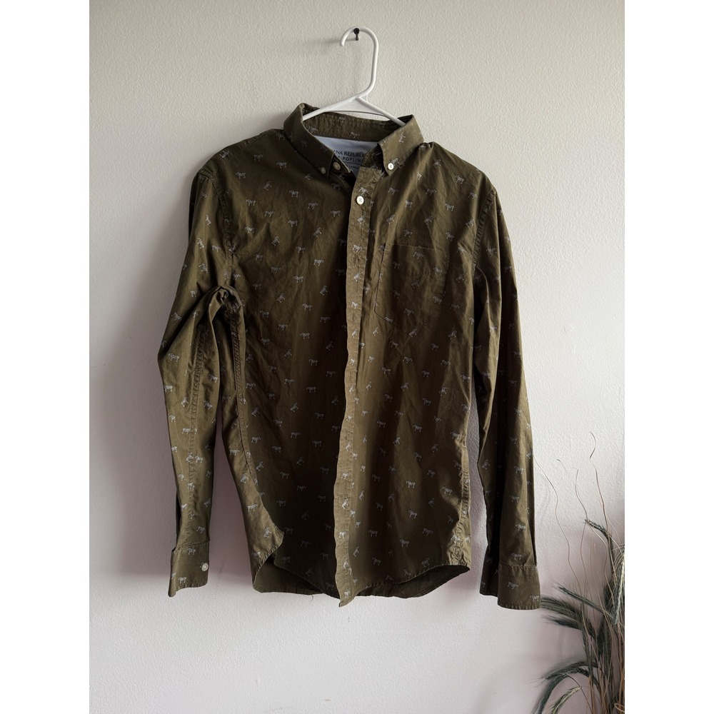 Banana Republic Mens Grant Slim Fit Luxe Poplin Zebra Print Shirt Olive Green S